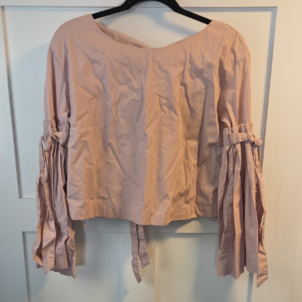 Free People Top So Obviously Yours Pleated Bow Bell Sleeve Back Button Pink
